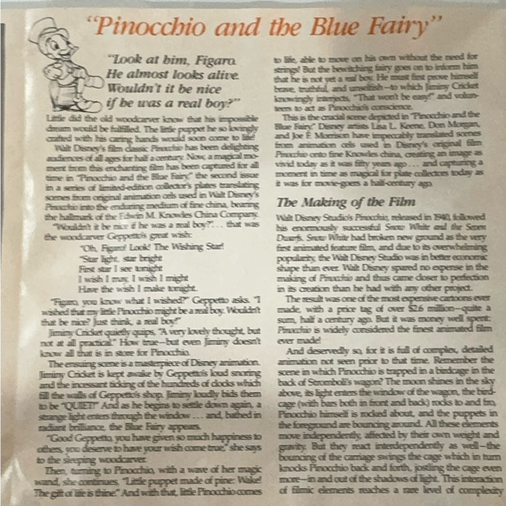 Disney Knowles Pinocchio #2 Pinocchio and the Blue Fairy Ceramic Plate Limited - Picture 9 of 17